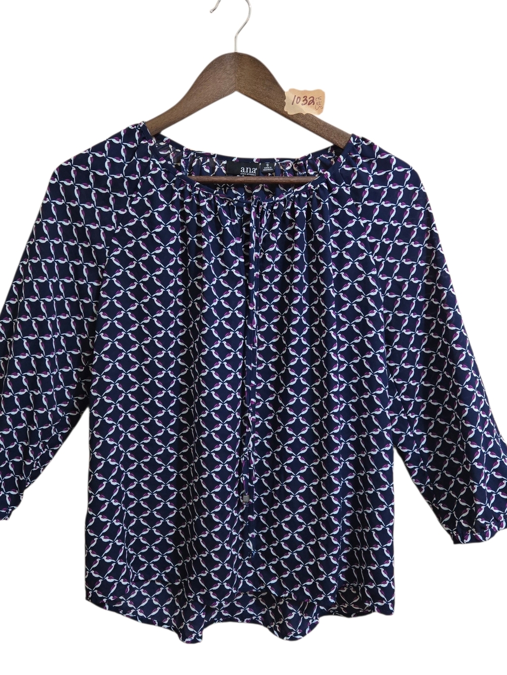 a.n.a Navy Geometric 'Birds'‎ Tie-Front Blouse
